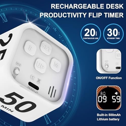 Rechargeable Rotating Pomodoro Timer - Custom Countdown 5/10/25/50 Min, ADHD Stu