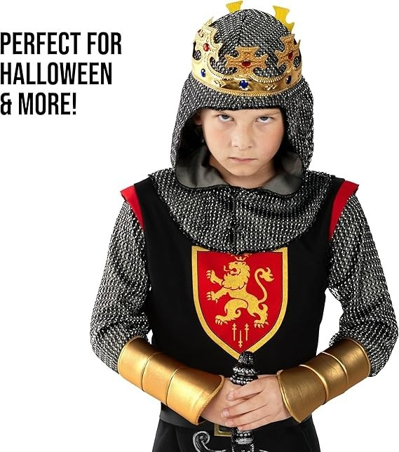 Kids Medieval Knight Costume + Crown Boys Warrior Lord Chainmail King 4-14 yrs