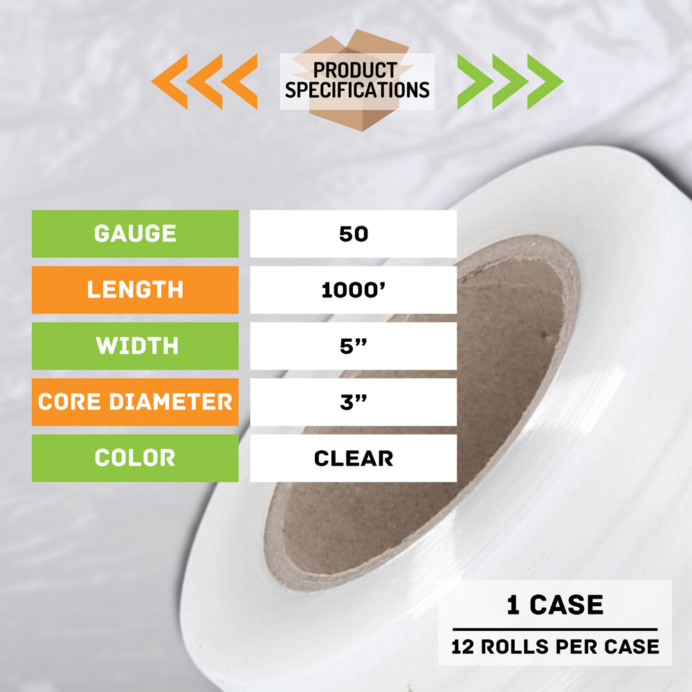 12 Rolls 50 Gauge 5"x 1000' Clear Cast Hand Stretch Film Shrink Wrap + 1 Handle