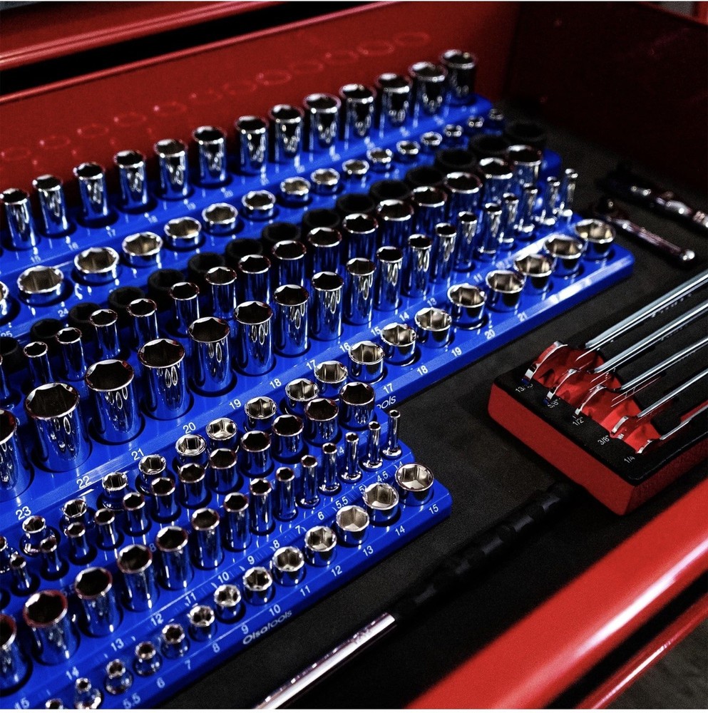 Olsa Tools 3-Row Magnetic Socket Organizer Patented 3pc Holder Kit Blue