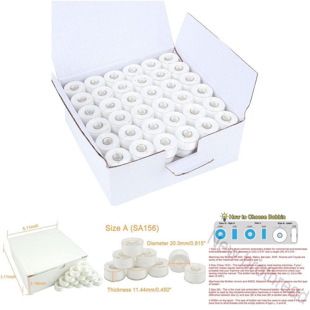 144pcs White 60S/2(90WT) Prewound Bobbin Thread Plastic Cottonized Soft
