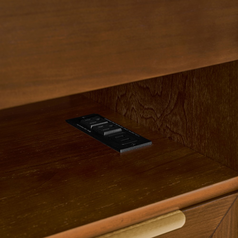 Bedside Table with Charging Station 2 Glass Drawers Features Open Shelving