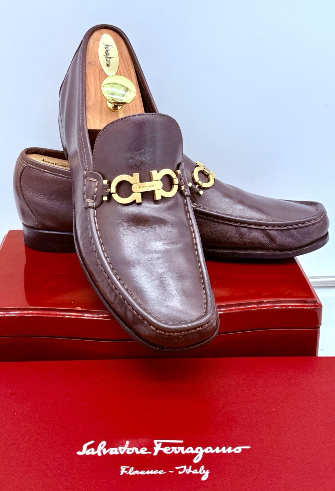 Ferragamo Mens Brown Loafers 12 Gold Gancini Horse Bit Leather Luxe Shoes Rare