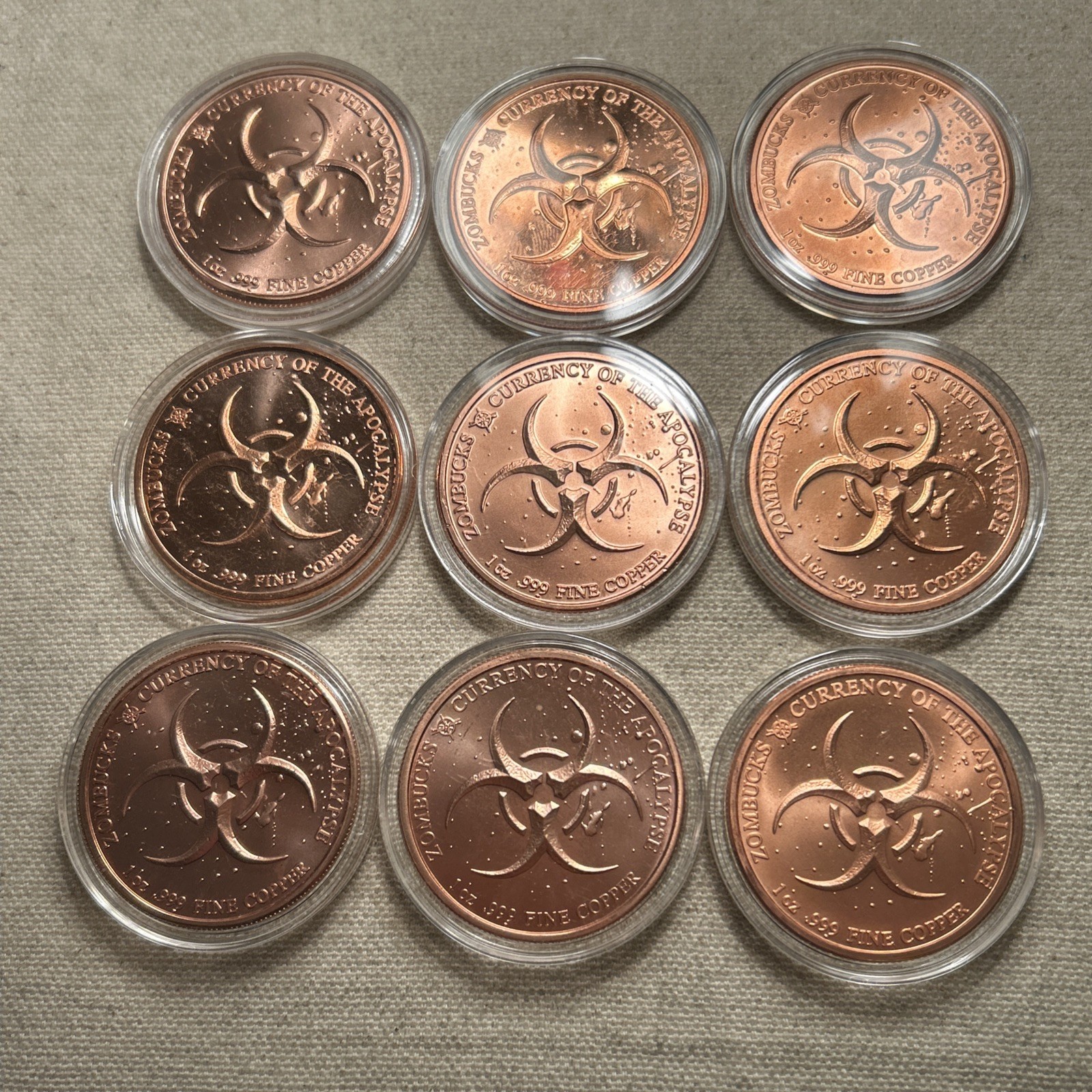 Set Of 9 Zombucks 1 oz Copper Rounds