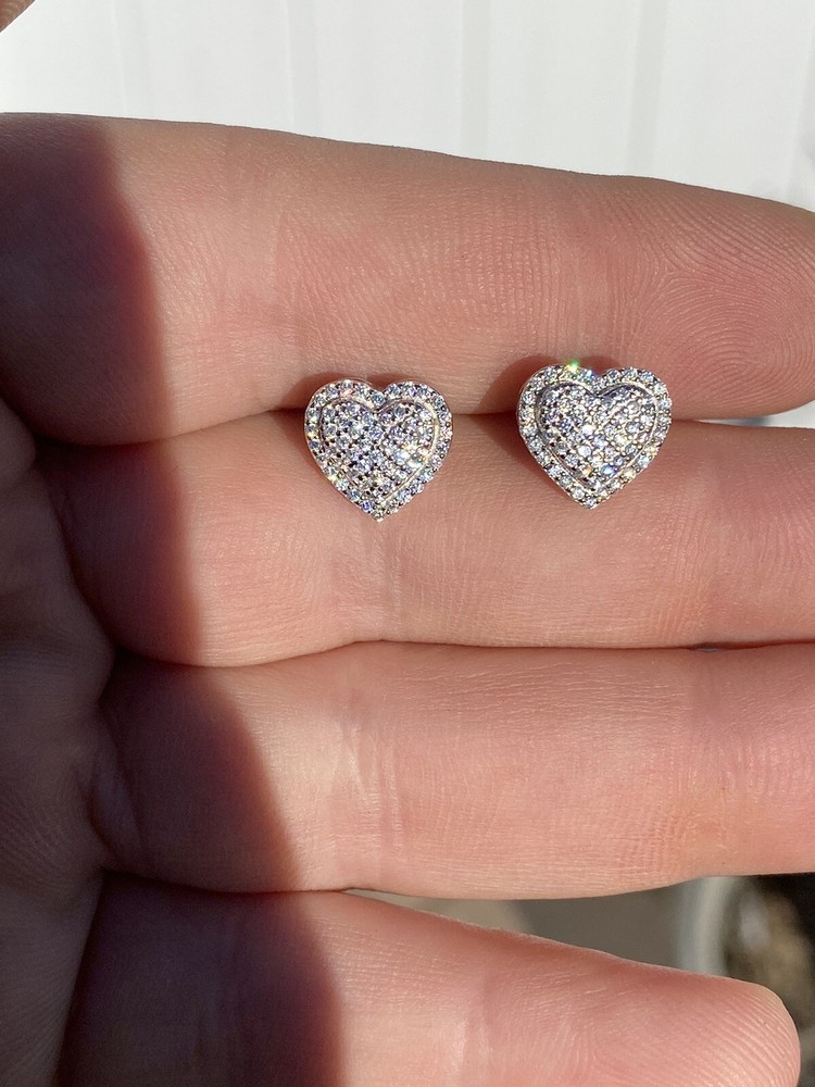Solid 925 Sterling Silver Iced Heart Stud Earrings Moissanite Pass Diamond Test