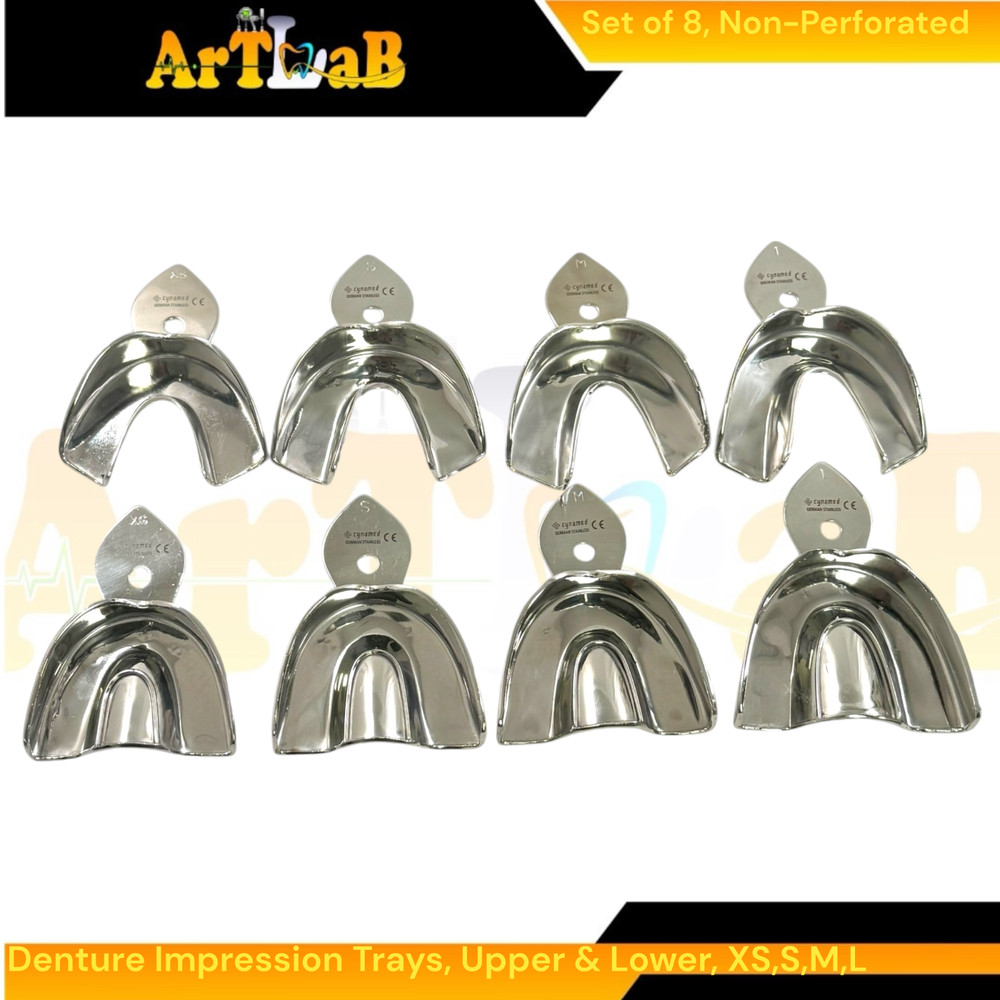 8 Pack Metal Denture Impression Tray Solid, Upper & Lower, XS+S+M+L | Stainless