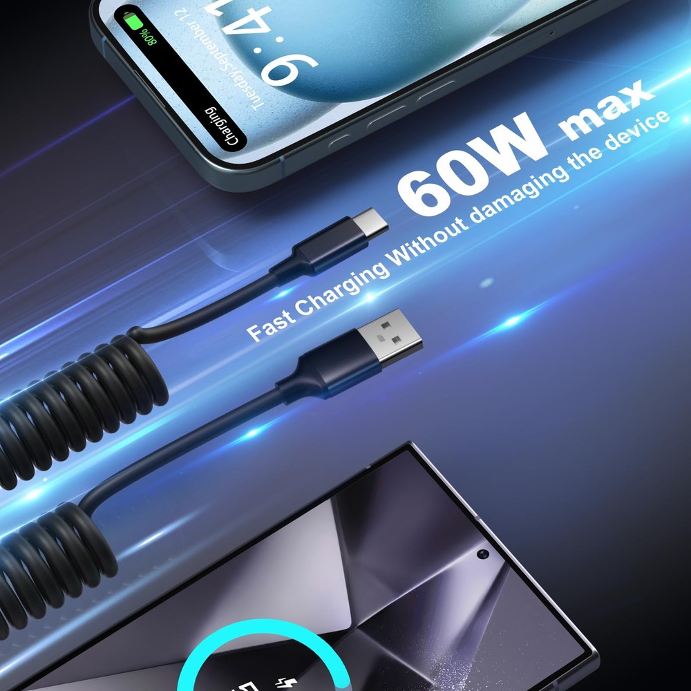 Coiled USB to C Cable, OKRAY a c Cable 60W Fast 3FT - 1Pack