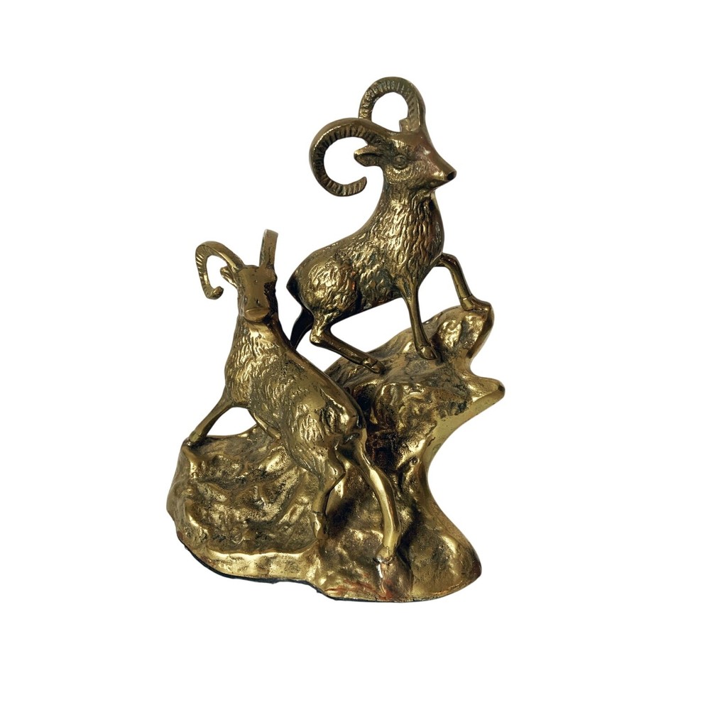 Vintage Mid Century Solid Brass Rams on Hillside Ram Figurine