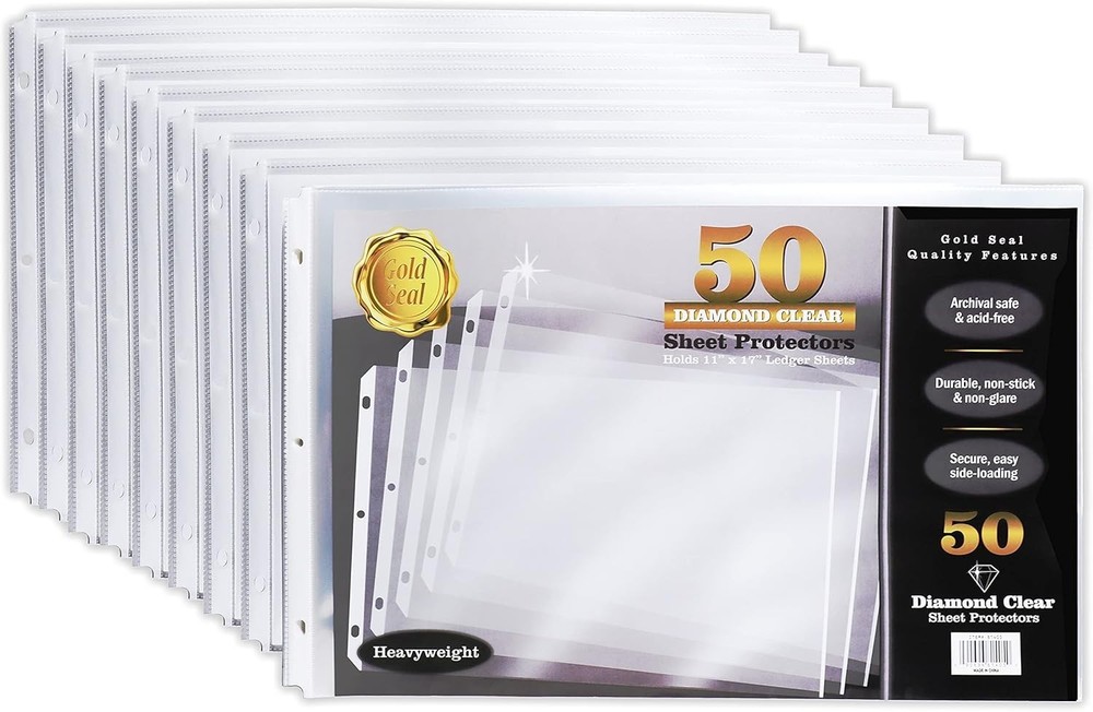 50 Pack 11x17 Inch Heavyweight Diamond Clear Sheet Protectors, Side Loading, ...