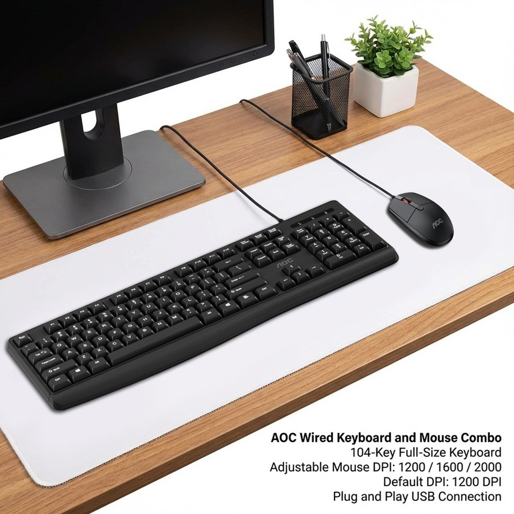 AOC Wired Keyboard Mouse Combo USB 104-Keys Office Adjust DPI Mice PC Notebook