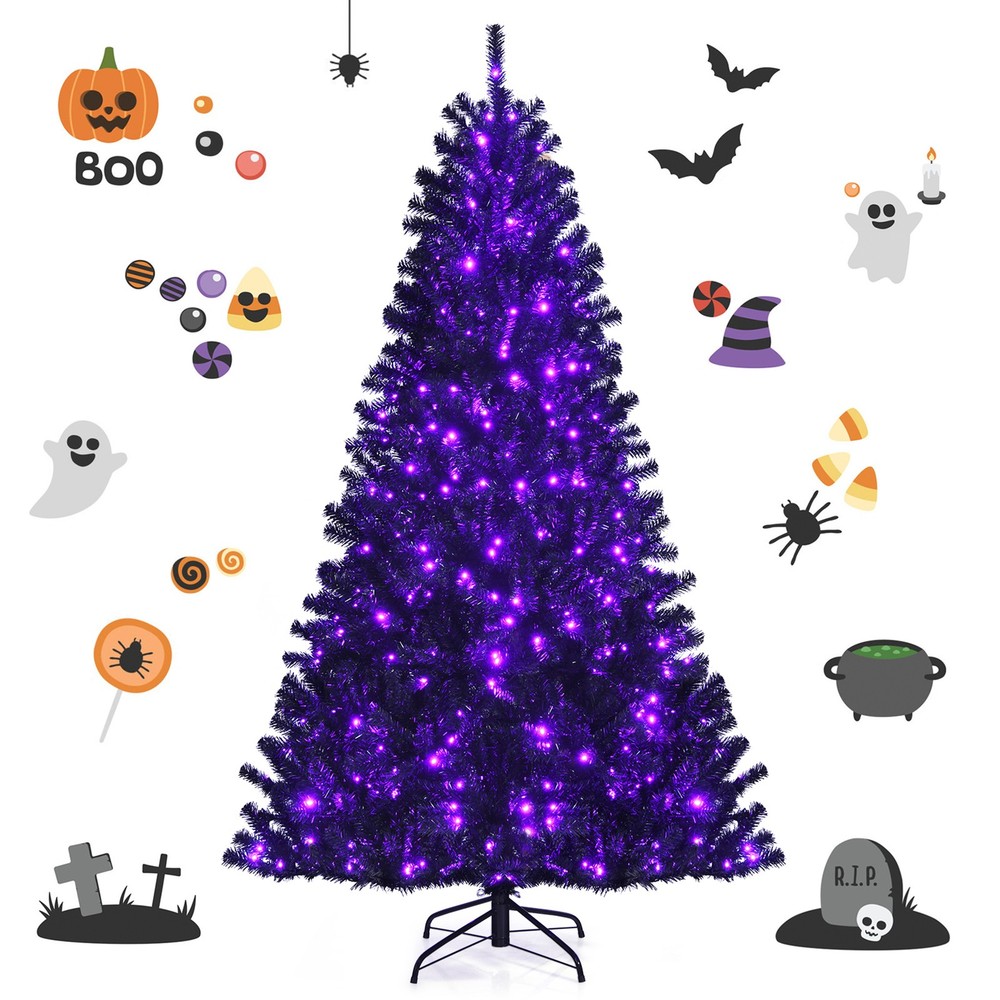 7 FT Pre-lit Black Halloween Tree Artificial Hinged Christmas Tree