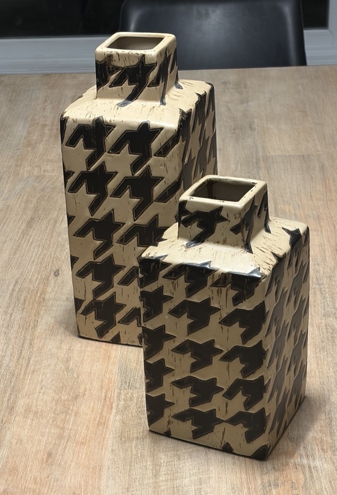 Two (2) Houndstooth Square Ceramic Vases