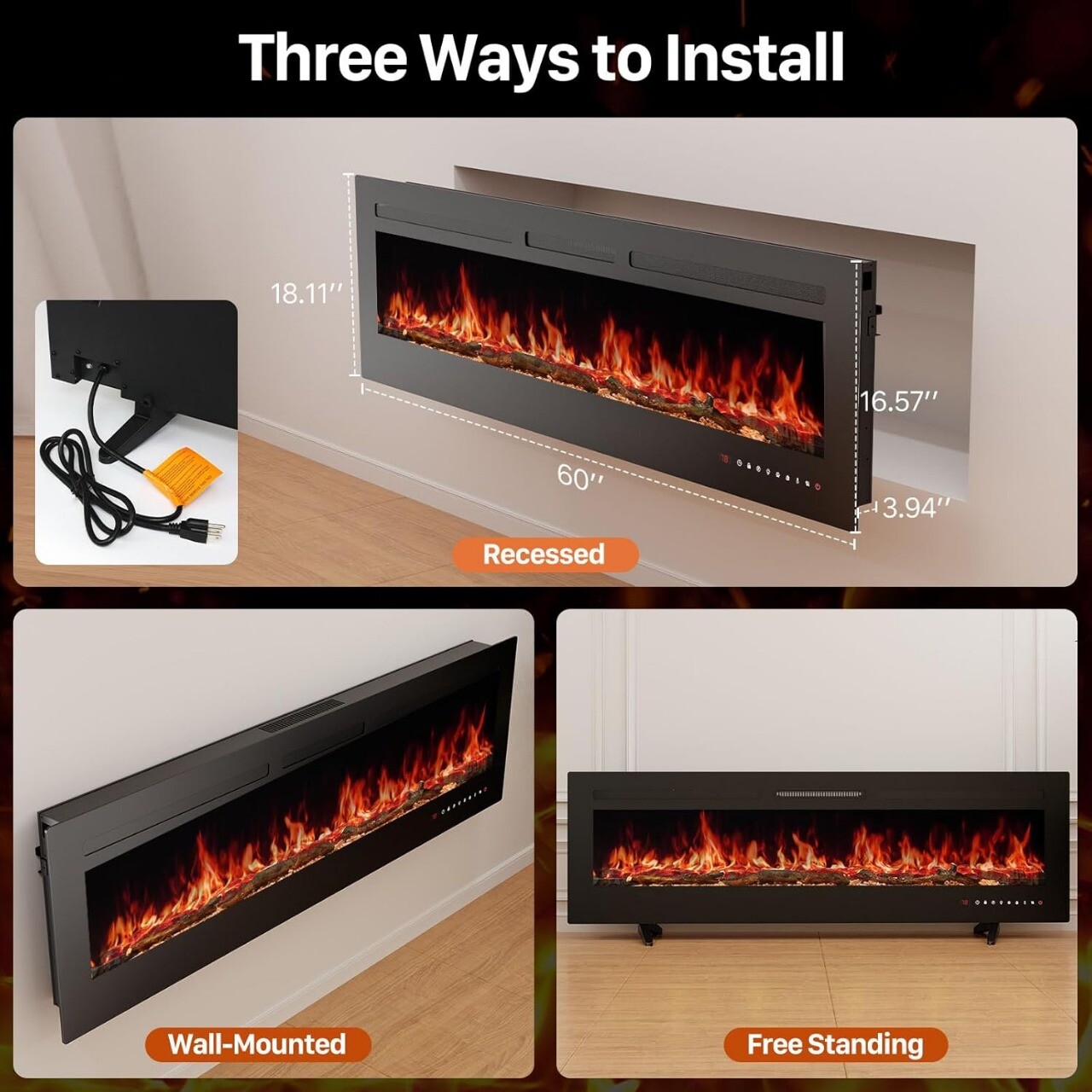 Electric Fireplace Wall Mount Recessed Fireplace Insert and Freestanding Heater