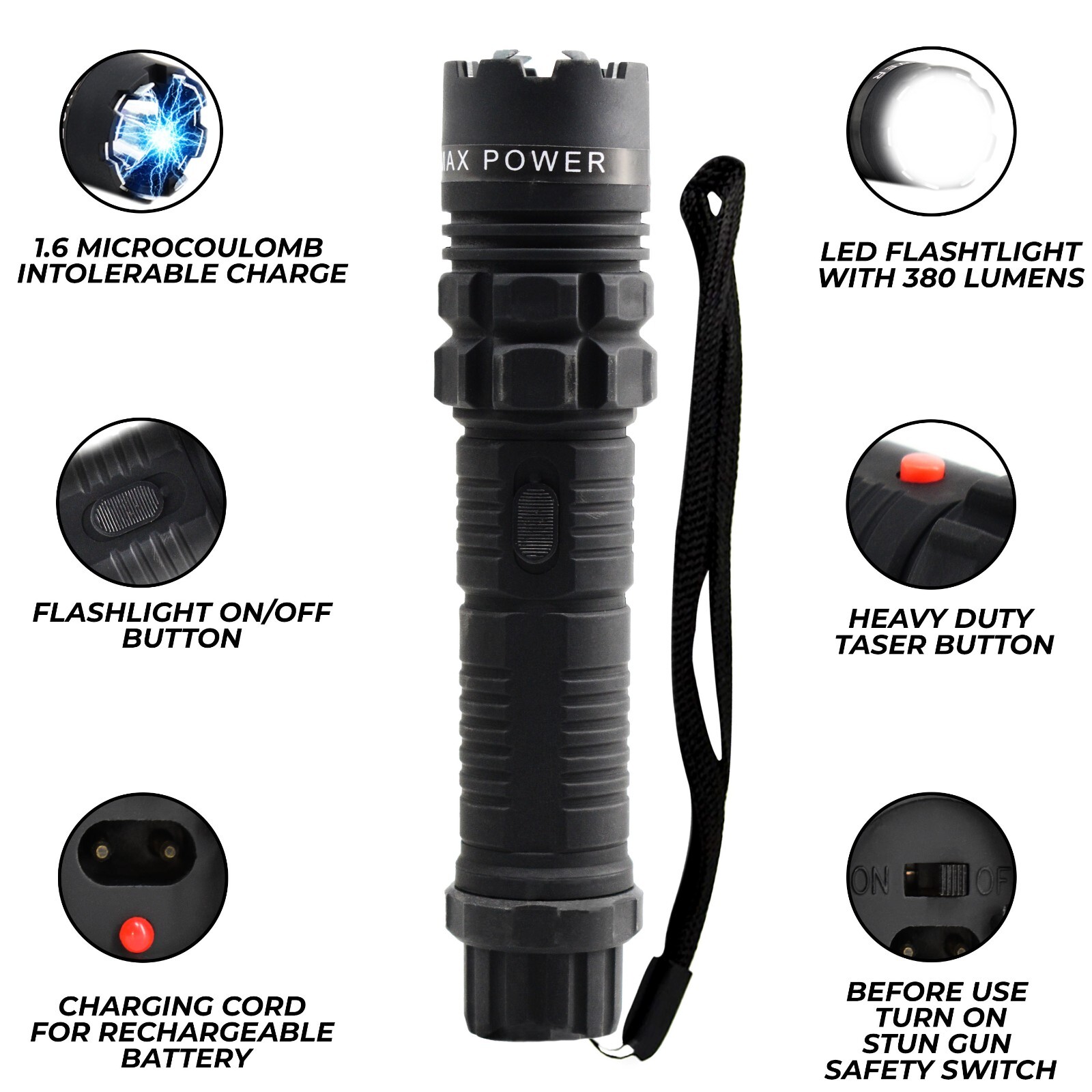 High Voltage Stun Gun for Self Defense with Led Flashlight Maximum Power Black