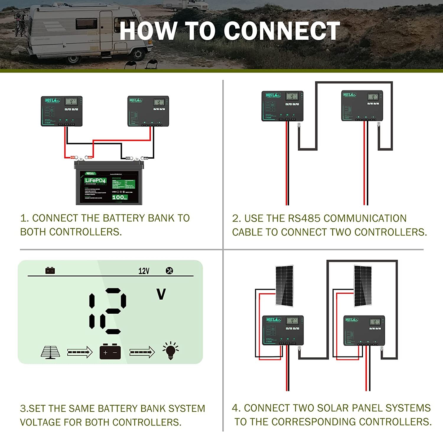 HQST 6.6ft RS485 Parallel Connection Cable, Wiring 2 MPPT Solar Controllers