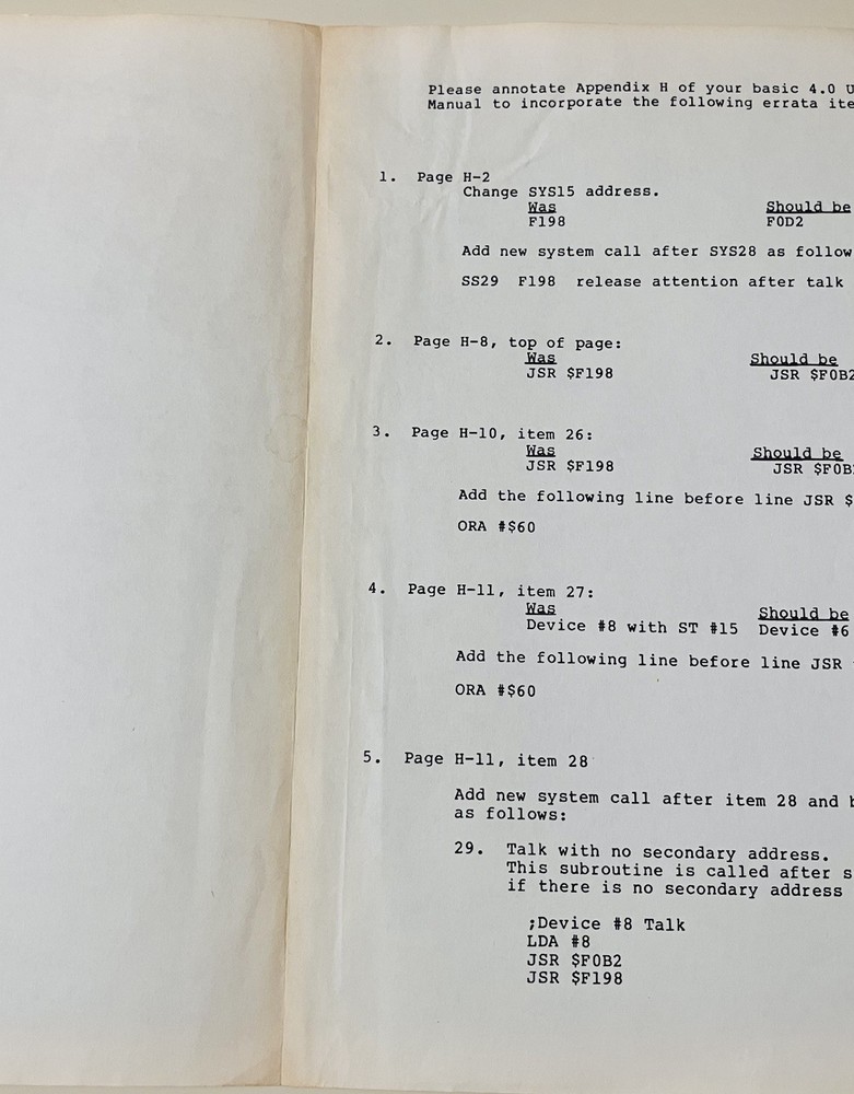 Vintage Commodore BASIC 4.0 Manual Update Errata Sheet, 1980, Part: 320963, Rare
