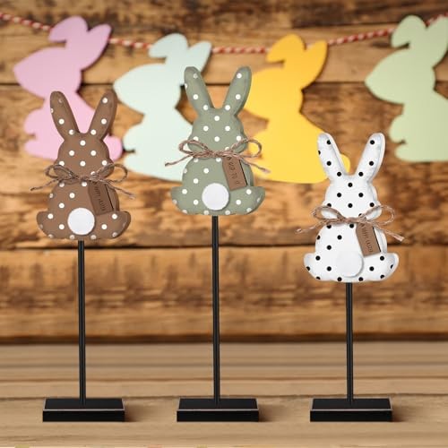 3 Pcs Easter Bunny Table Decorations Wooden Bunny Tabletop Decor Rustic Dot