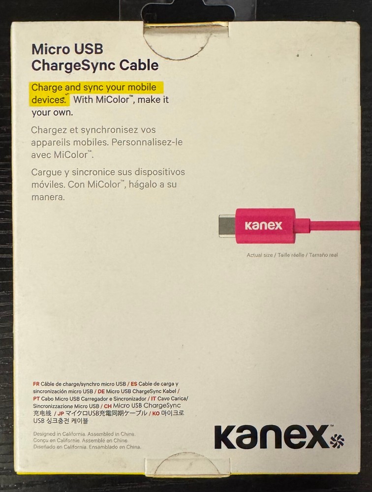2/$19.99 Kanex"MiColor Micro USB ChargeSync 4' Cable" (KMUSB4FPK)