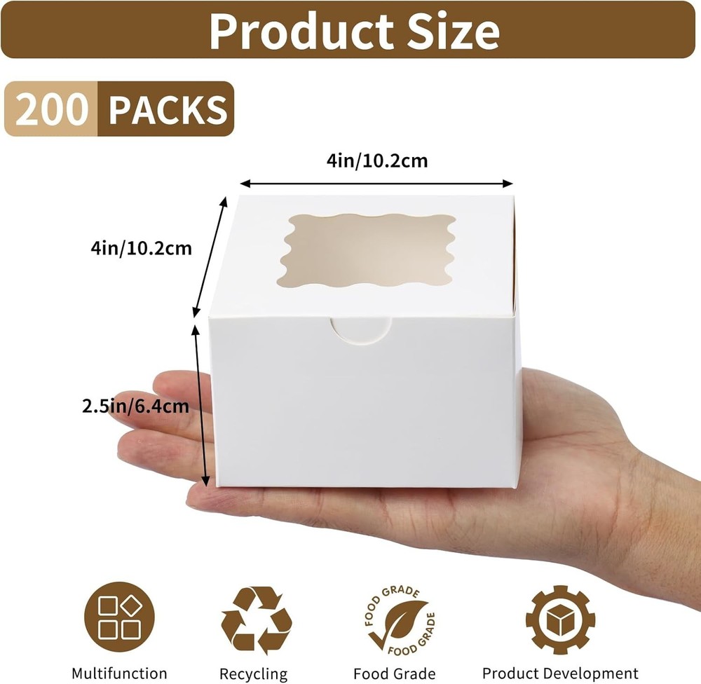 Versatile 200-Pack White Bakery Boxes - Snap Closure with Clear Window Design
