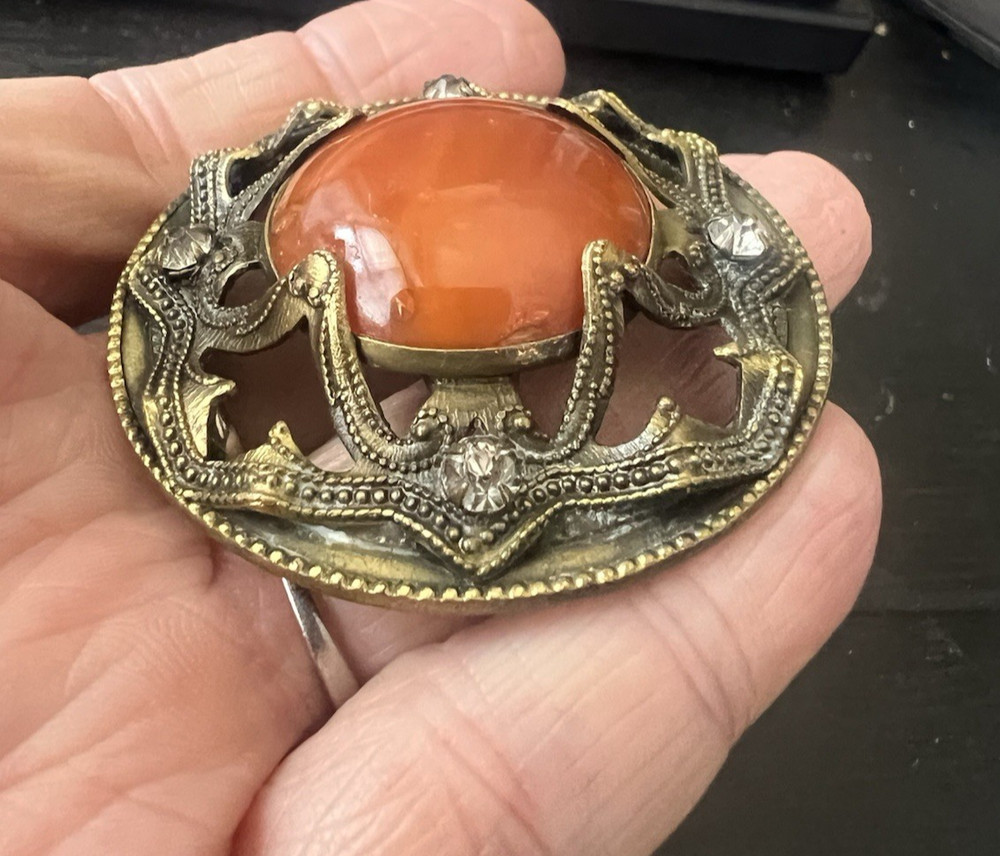 Antique Ornate Large 2" Brass & Orange Stone Agate Paste Button
