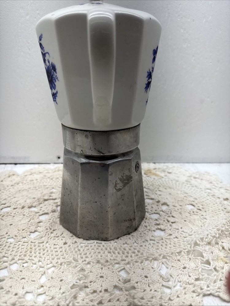 Vintage Ceramic Coffee Maker With Blue Floral Pattern