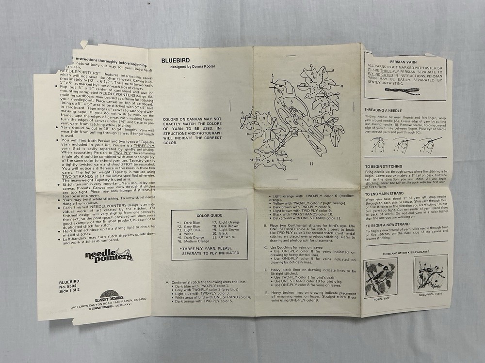1971 Needle Pointers “Bluebird” #5504, Needlepoint Kit, Partially Completed