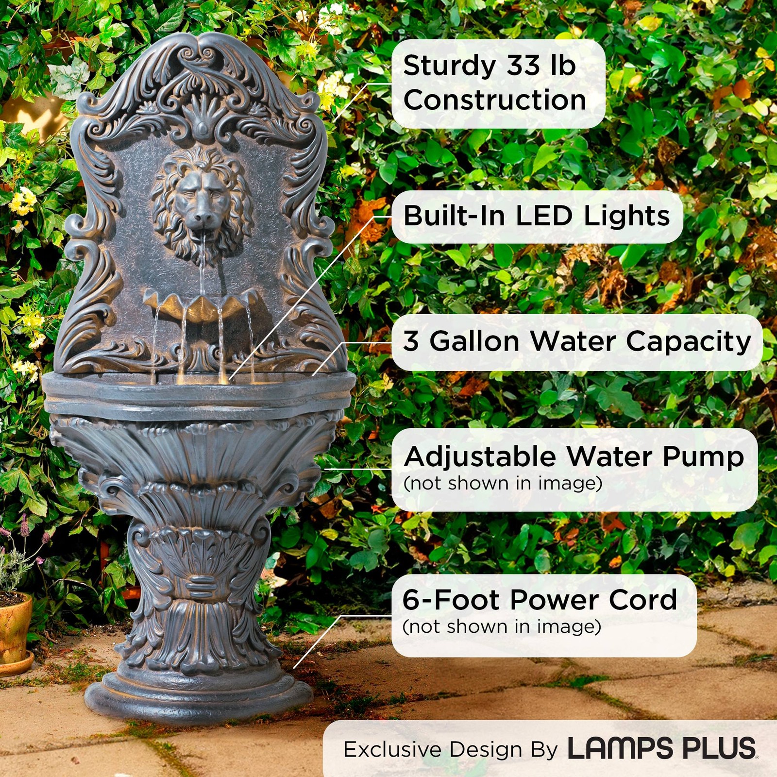 Imperial Lion Acanthus outdoor wall water fountain, 50-inch