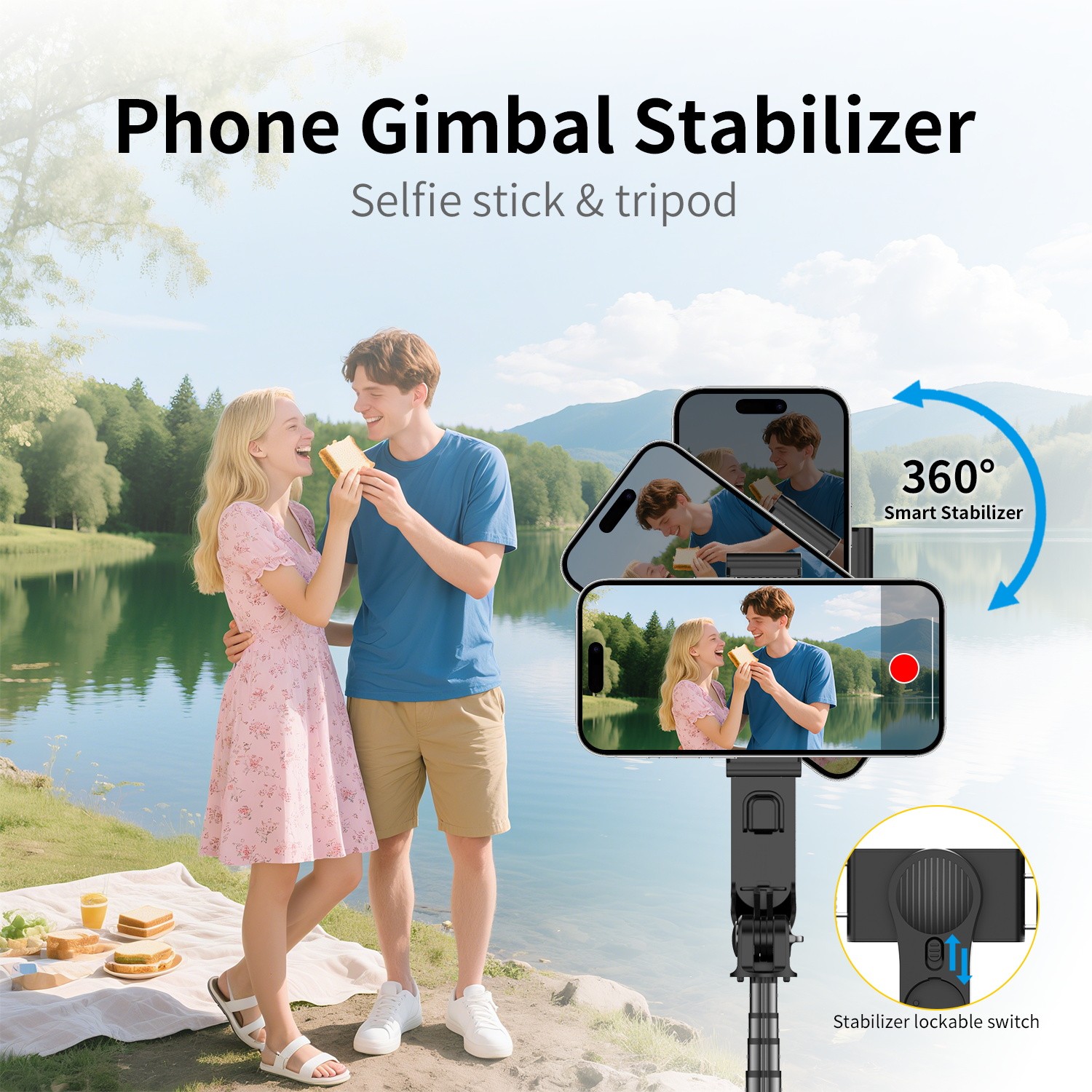 TOALLIN Mobile Phone Gimbal Stabilizer,Foldable Selfie Stick,Fill Light,w/Remote