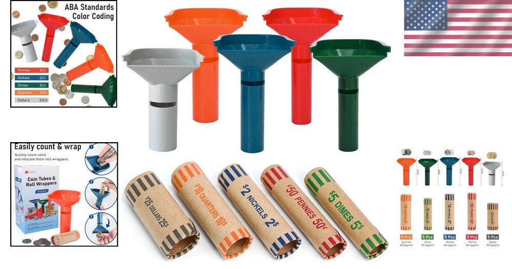 Complete Coin Sorting Solution: 30 Assorted Wrappers & 5 Sorting Tubes Included