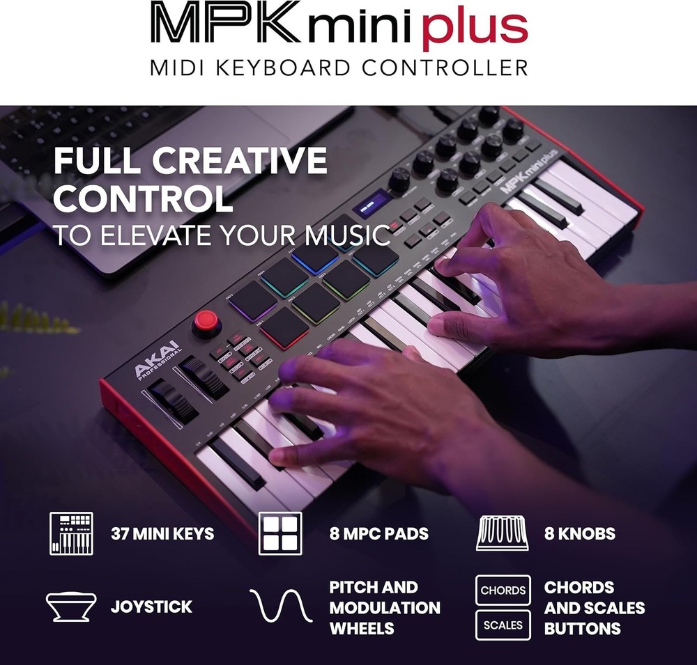 Versatile MPK Mini Plus MIDI Controller - 37 Keys, 8 Pads, Built-in Sequencer