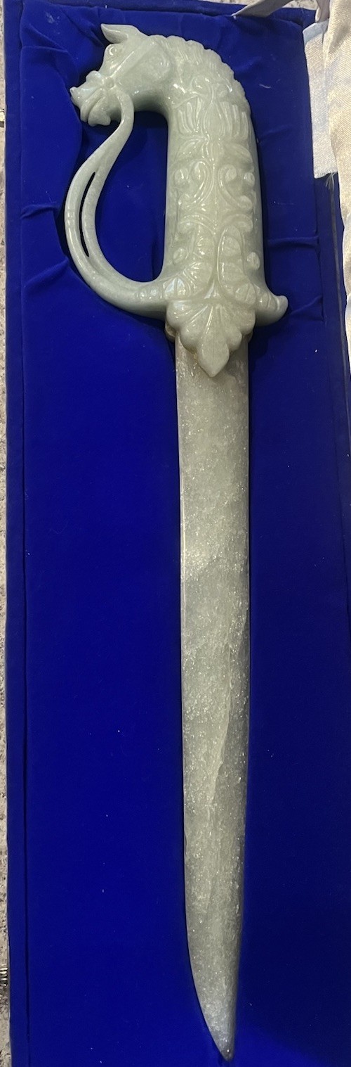 Carved jade horse hilt dagger with meticulously sculpted  18”long