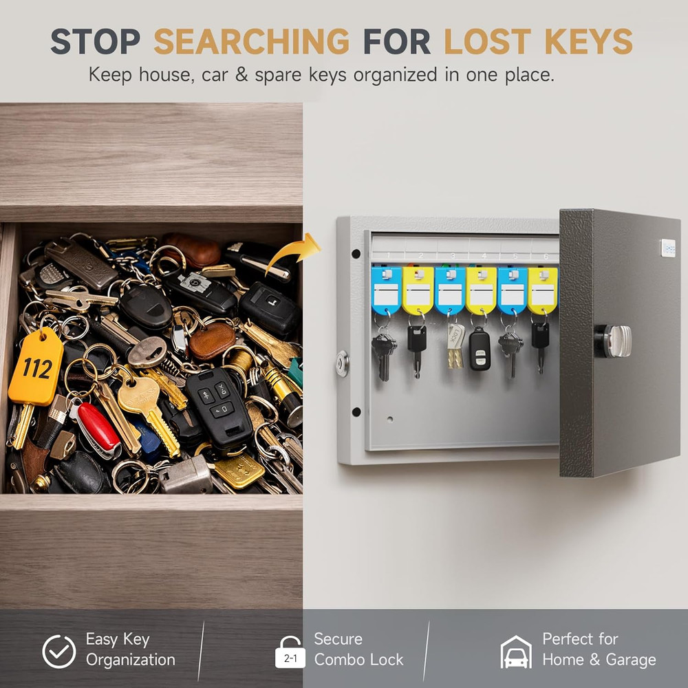 16 Key Lock Box - Wall Mounted Key Cabinet with 3-Digit Combination Lock & Backu