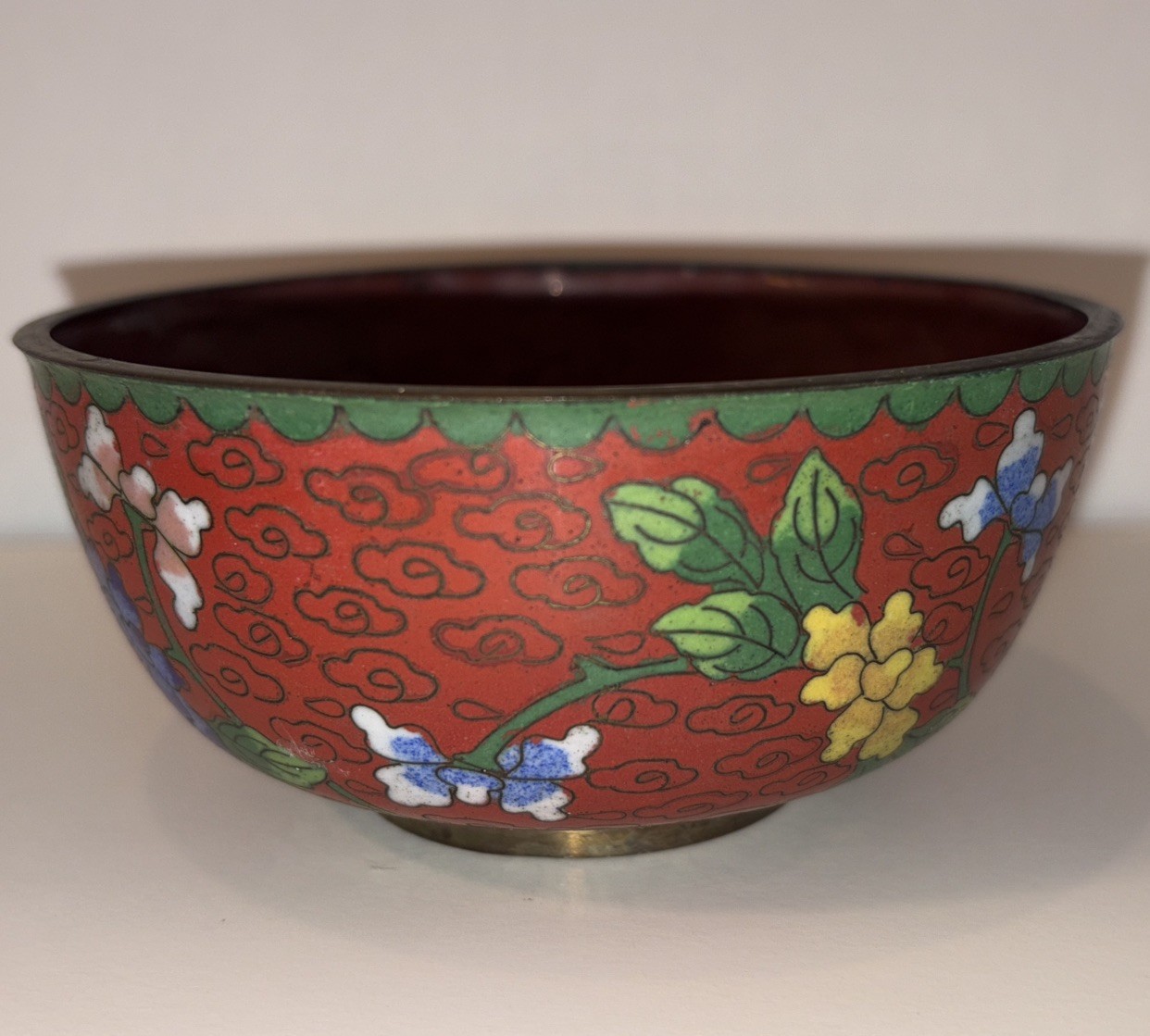 Vintage Cloisonné Enamel Bowl Maroon/green/blue China 4.5” Flowers