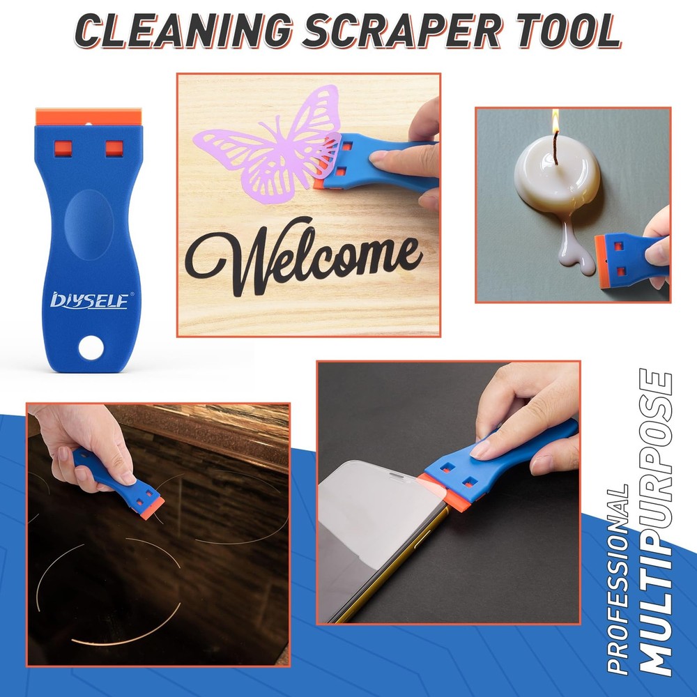 DIYSELF 2 Pack Plastic Razor Blade Scraper, Extra 100Pcs Blue