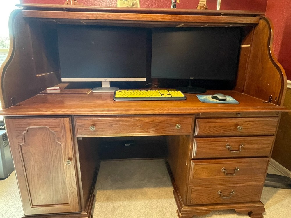Riverside Oak Roll Top Desk with computer compartment.