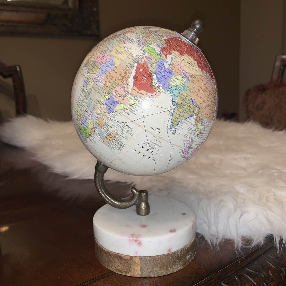 Miniature Decorative Globe Brown Wood Base On Marble