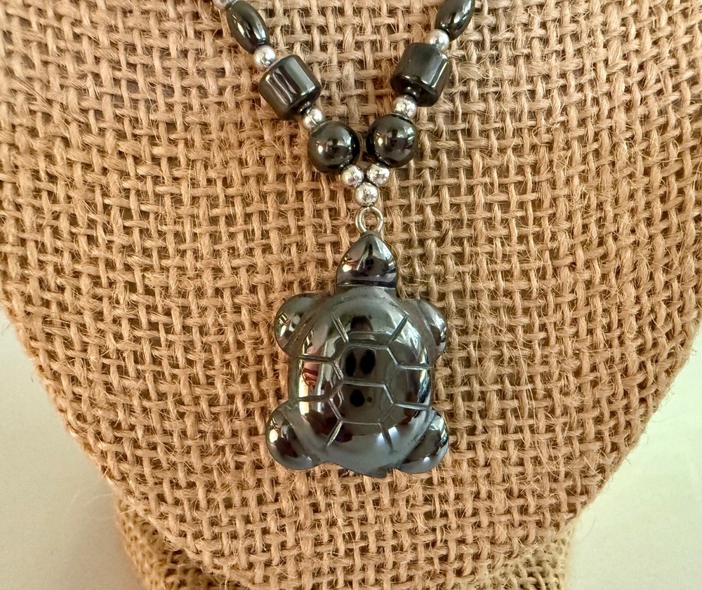 Mexican Hematite Beaded Turtle Necklace