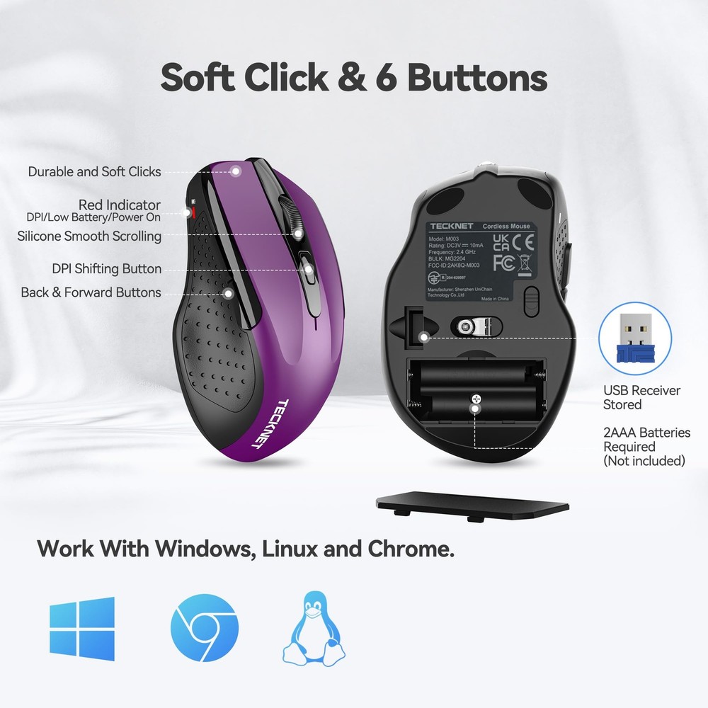 TECKNET Wireless Mouse, 2.4G Ergonomic Optical Computer medium, Purple