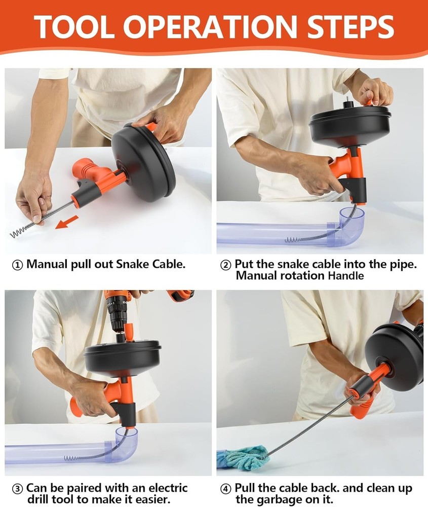 Drain Snake, Drain With Drill Adapter, 35ft Flexible Cable Manual /poweredHT092