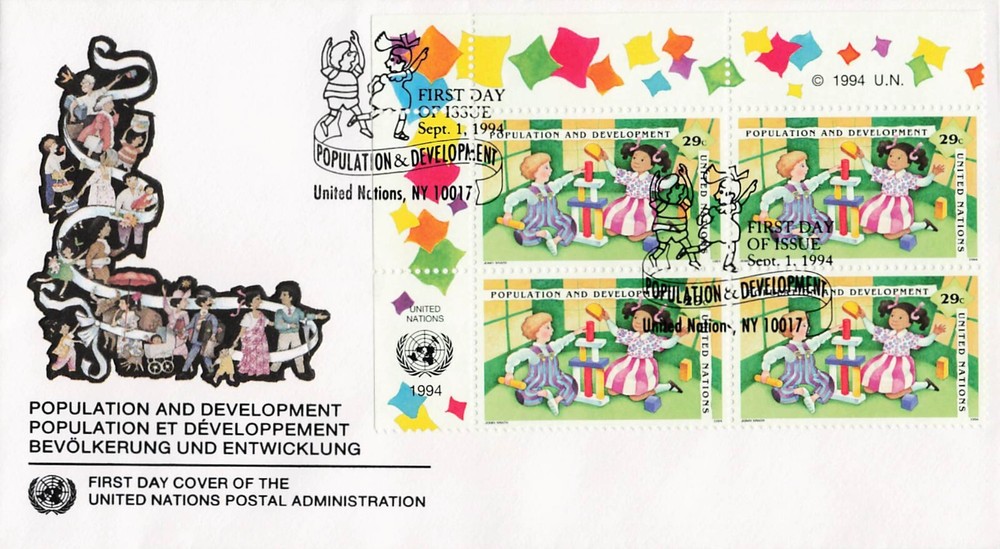 United Nations 651-652 FDC Set Population and Development MI4 Inscription Block
