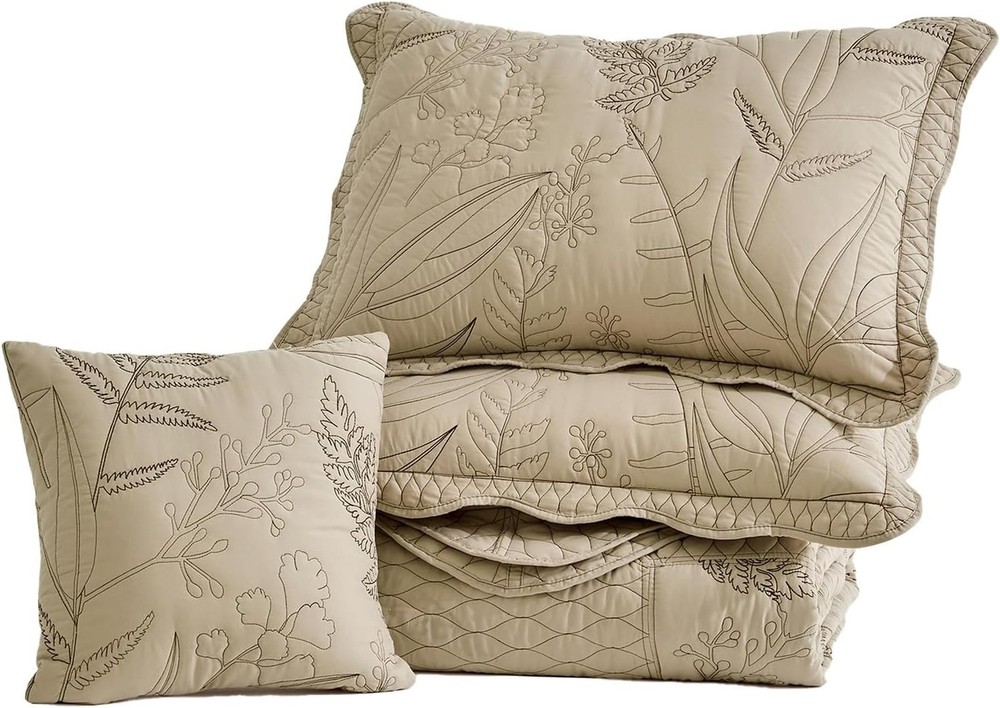 Botanical Oversized Bedspread Queen Size - Leaves Pattern Stitching Quilt Set...