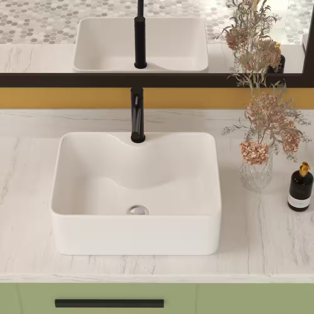 16 In. Framhouse Single Bowl in White Ceramic Rectangular Vessel Bathroom Sink,