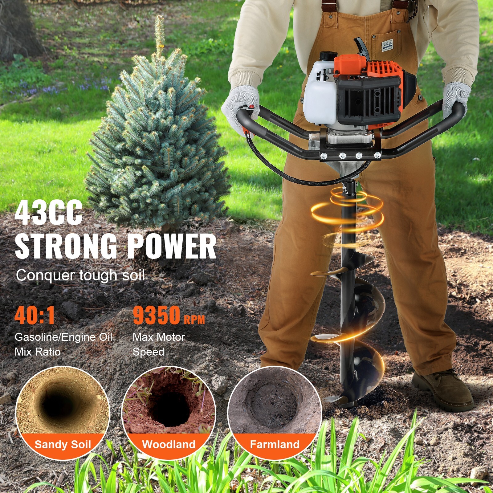 43cc Gas Powered Post Hole Digger with 8-Inch Auger Bit