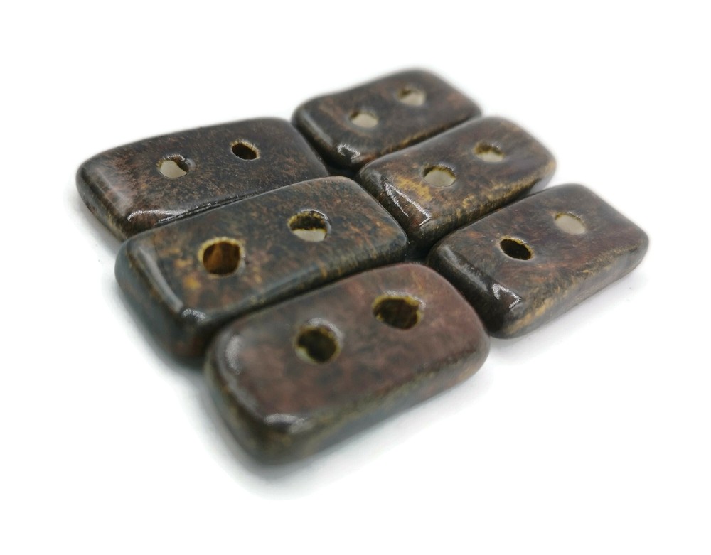 6Pc 30mm Artisan Ceramic Large Sewing Button Rectangle, Antique Look 2 Holes 2mm