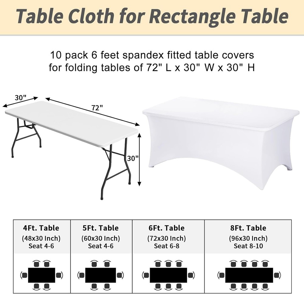 10 Pack 6FT Spandex Table Cover 6 Foot Tables Fitted Rectangular Stretch