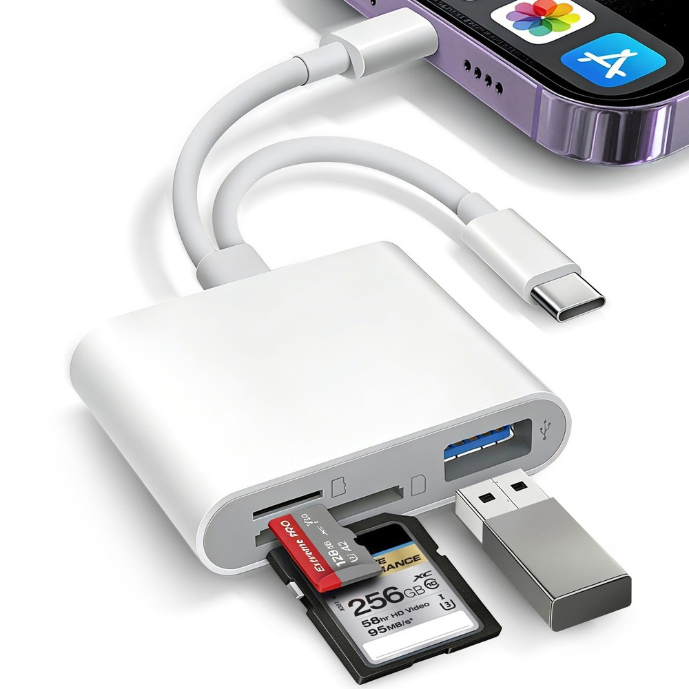 SD Card Reader for iPhone iPad, USB-C & Lightening Dual Port Memory White