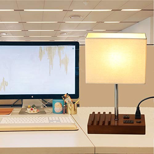 Briever USB Table Lamp, Multi 2 Ac Outlets + 3 Usb + 3 Slots (Walnut)