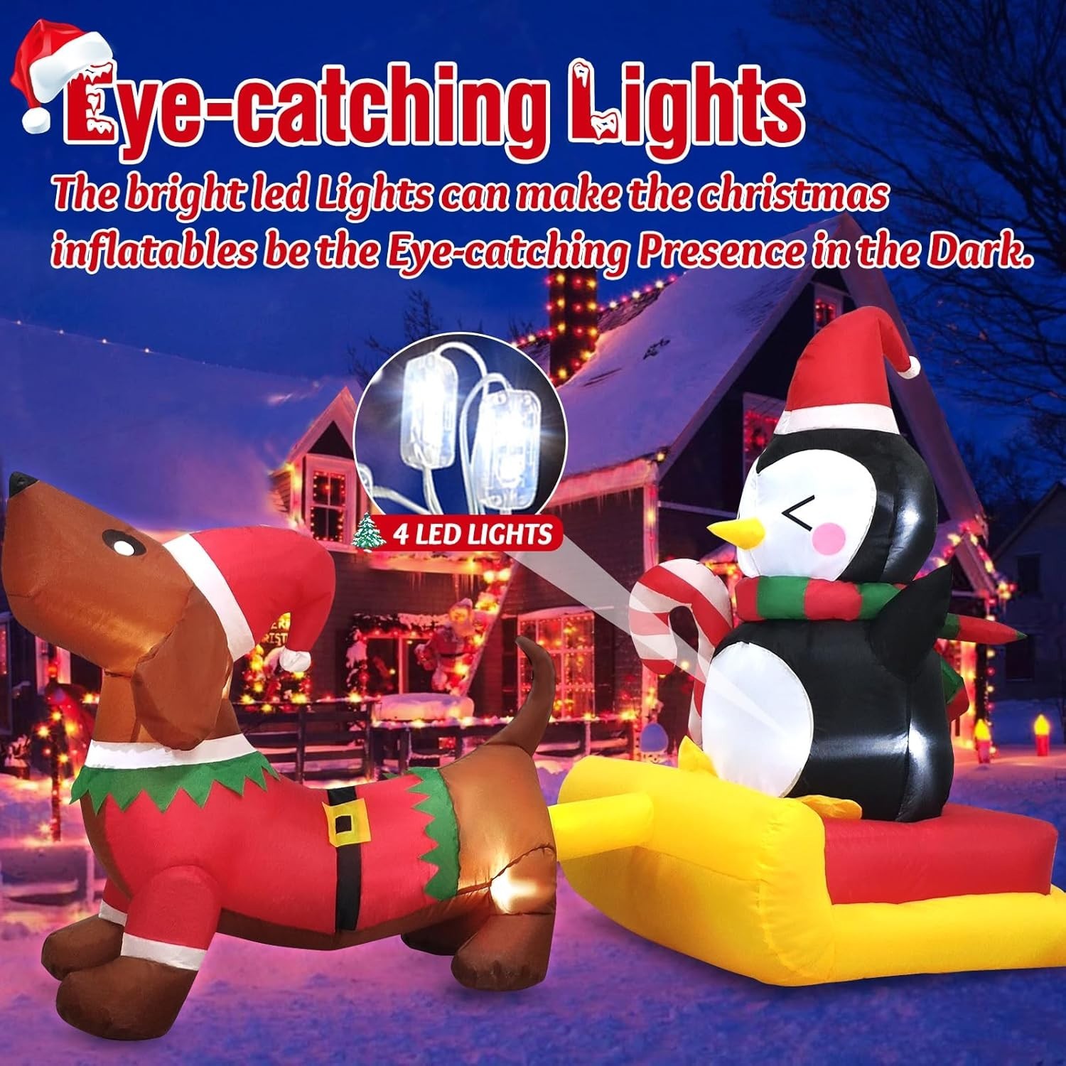 Festive 6 FT Inflatable Dog Sleigh with Penguin - LED Illuminated Holiday Charm