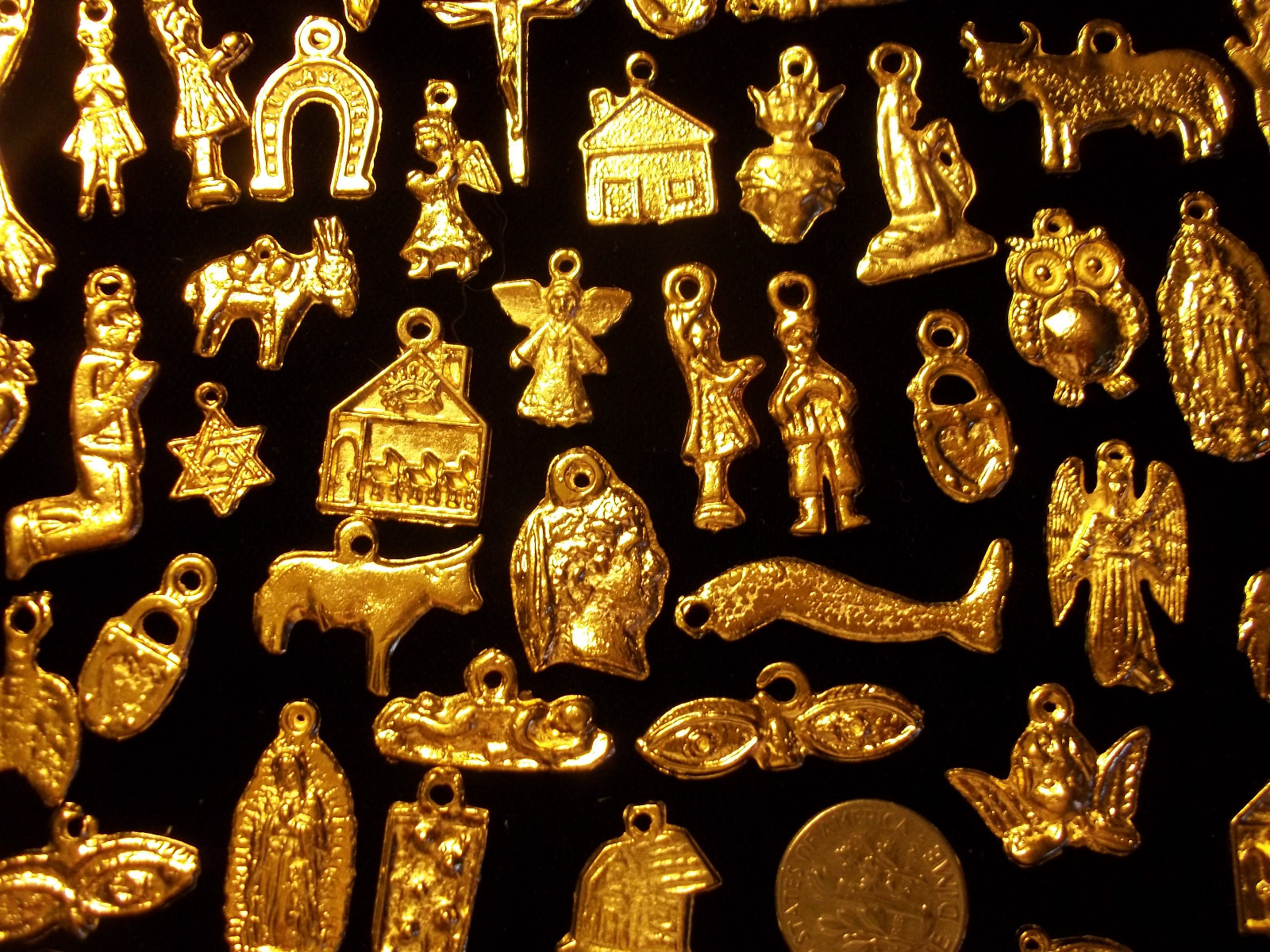 25 Milagros Charms Mexican Folk Art Imported Shiny GOLD Ex Votos Dijes Miracle