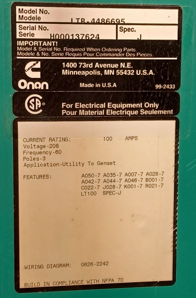 ONAN 100 amp automatic transfer switch 208v, 3ph, battery charger